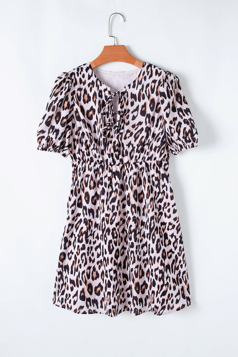 Brown Leopard Tied Front Keyhole Puff Short Sleeve Mini Dress